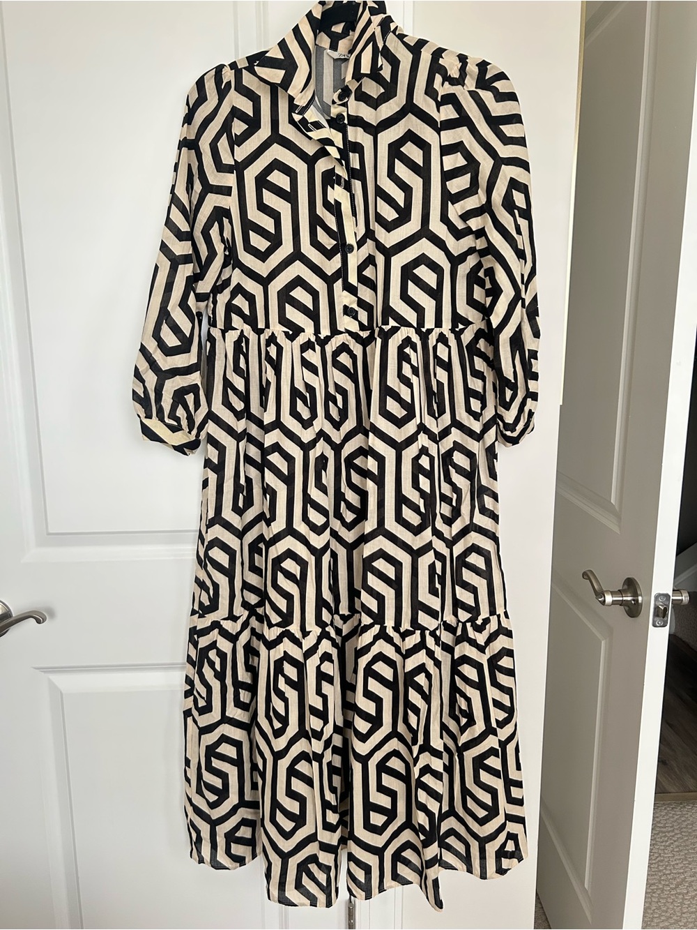 Zara Ikat Black and Cream Geometric Midi Dress